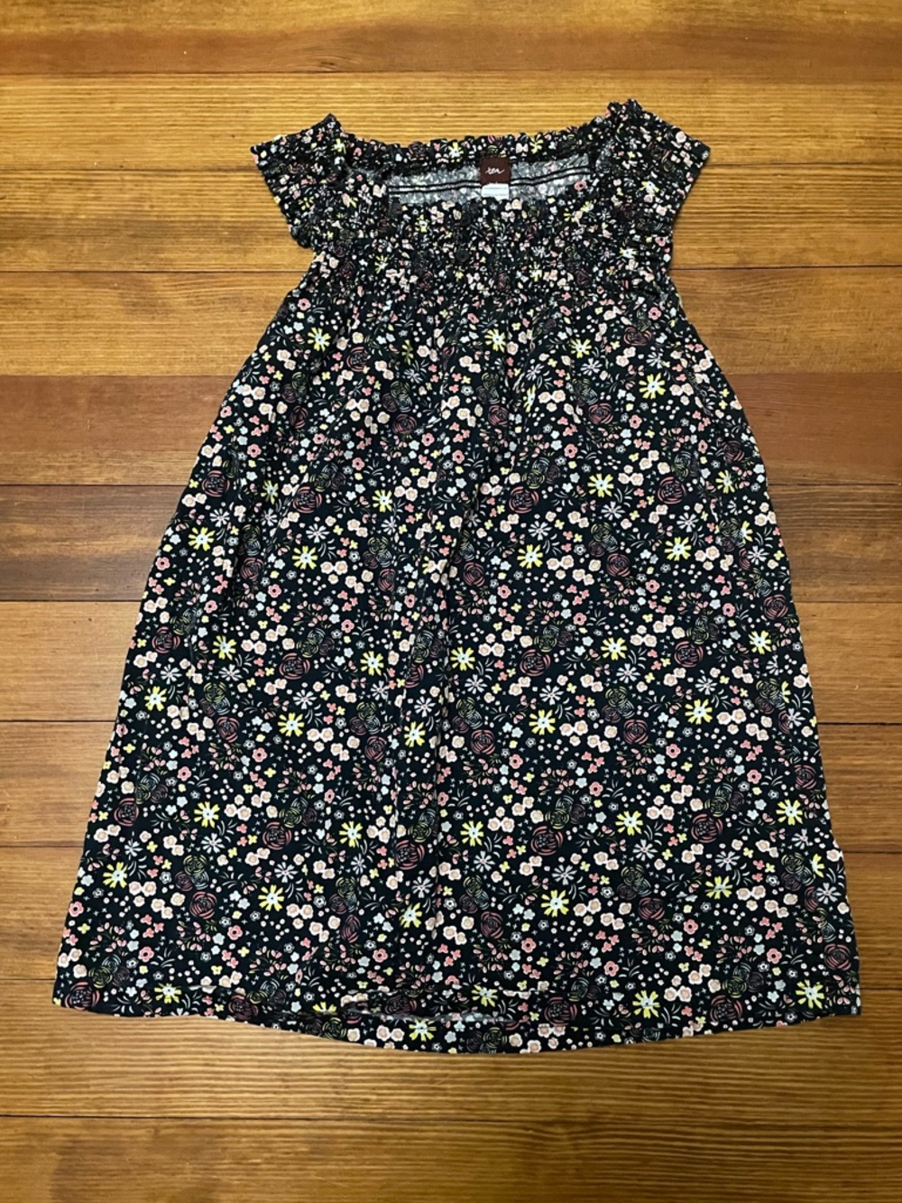 Tea Collection Black Floral Smocked Neck Casual Dress Size 12